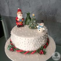 Pălărie albă cu Moș Crăciun și un sac cu daruri, brăduț și om de zăpadă