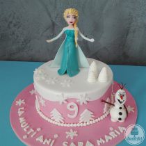 Tort Regatul de gheață - Frozen: Elsa - regina gheții, Olaf - omul de zăpadă, zăpadă, brăduți înzăpeziți, mărgele şi fulgi de zăpadă