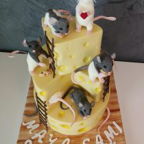 Tort sub formă de brânză - șvaițer pe platou de lemn cu șobolani: șobolan alb cu ochii roșii și cu inimioară, șobolan gri, șobolan alb cu gri, șobolan gri cu alb, șobolan parțial și cozi de șobolan în brânză, cașcaval cu găuri, scară, scăriță